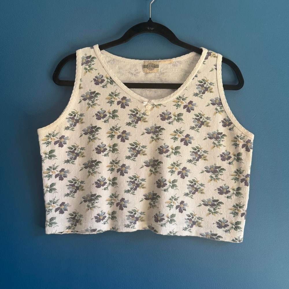 Vintage 90s Crop Tank Women's Size XL Denim Republic Floral Retro Cottagecore